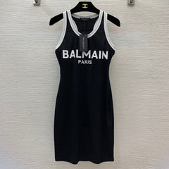 Balmain Women's Summer Fashion Casual Crew Neck Pullover Color Block Sleeveless Fitted Dress #79446