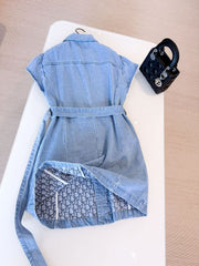 Dior Women's Summer High Street Denim Solid Color Belt Printed Pocket Button Cotton Short Sleeve Shirtdress Dresses #77854