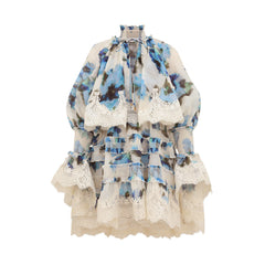 Zimmermann Spring 2026 New Arrivals Alchemy Short Silk-linen Pleated Dress Blue Patchwork Lace Print Elegant Long-sleeve Dress Lady #196840