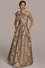 ONE SHOULDER BOW JACQUARD BALL GOWN