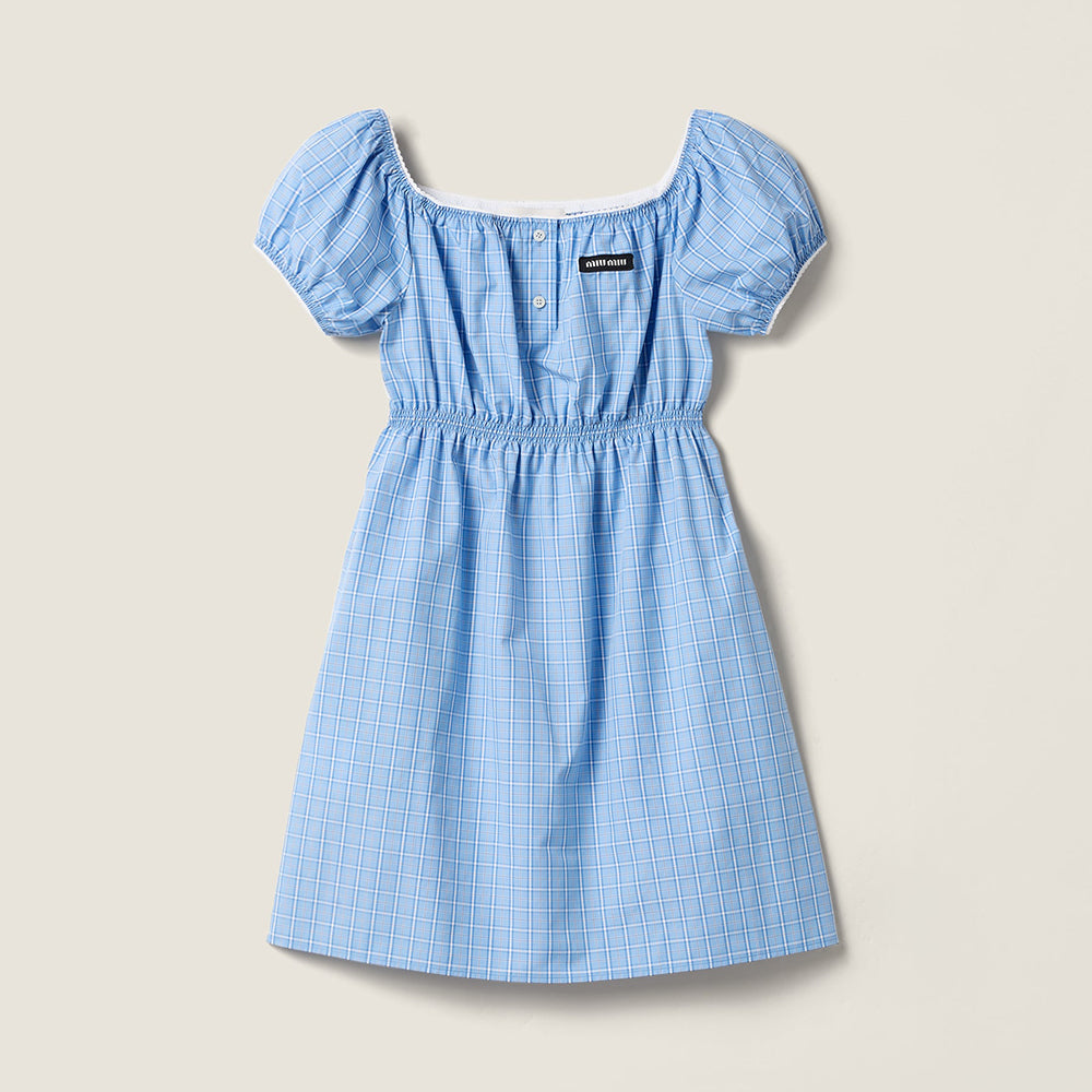 MiuMiu Women's Spring/summer Blue Striped Checkered Poplin Dress A Retro And Elegant Short-sleeve Mini Dress Lady Dress #84236A