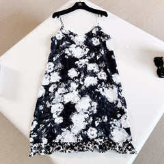 Chanel Women's Spring/summer French-style Elegant Black-and-white Floral Print Silk Spaghetti-strap Dress Lady #84266A