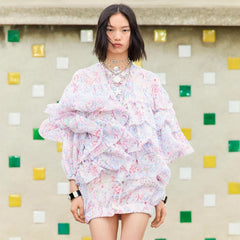 Chanel Women's Summer Fish Printed Silk Lace Short Sleeve Short Dress #75594