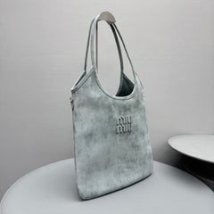 MiuMiu Light Blue Ivy Tote Bag Fashionable Casual Large-capacity Shoulder Bag With Handles Solid Color Logo Suede Bags #84214A
