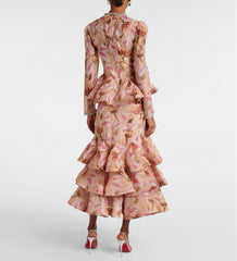 Zimmermann Women's Spring/summer Elegant Floral Print Dress With Multi-layer Ruffled Puff Skirt. Form-fitting Fashionable Dresses Ngvp #2181