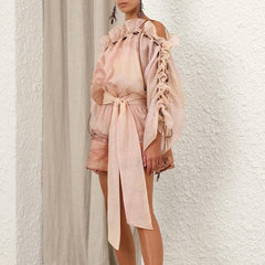 Zimmermann Women's Spring and Summer Show Pink Slant Strapless Loose Waist Ruffle Short Dresses #76189