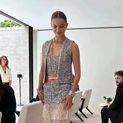 Chanel Women's Spring and Autumn Solid Color Full Diamond Flower Logo Embroidery Sleeveless Fitted Denim Vest #71433