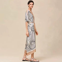 Hermes  Ex-Libris A Mai Levee Caftan Women's Long Printed Silk Twill Dress With Side Slit New Arrival For Early Spring 2026 Lady #84189A