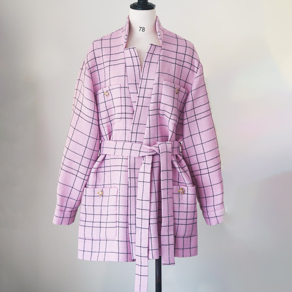 Chanel Women's Spring And Autumn Pink Plaid Flip Collar Single Breasted Thick Tweed Waist Wrapped Long Jacket Dress Ngvp #8527