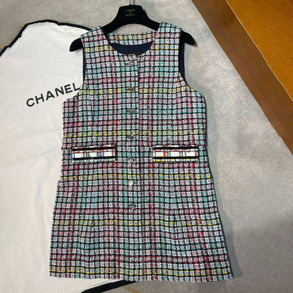 Chanel Women's Multicolor Embroidered Striped Check Cotton Tweed Round Neck Sleeveless Vest Dress Ngvp #1368