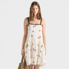 Prada Women's New Arrival 2026 Embroidered Linen Floral Sleeveless Dress Stylish Chic And Elegant Spaghetti-strap Mini Dress Lady #196982