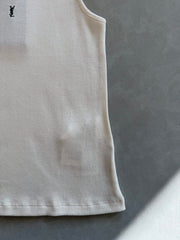 Saint Laurent Women's Spring And Summer White Ribbed Vest With Embroidered Logo Slim-fitting Design Round Neckline Simple And Elegant Fashionable Vest Lady #195336