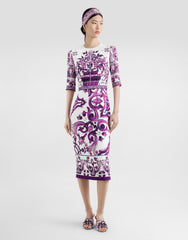 Dolce&Gabbana Majolica Printed Vegan Crepe Satin Dress Women's Spring Summer Purple Fashion Elegant Evening Dresses Ngvp #2428