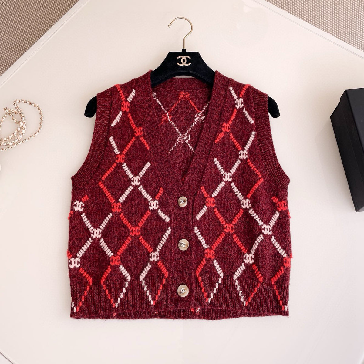 Chanel Women's Spring and Autumn Plaid Cashmere Crochet Two-color Knit Single-breasted Vest Jacket #73197
