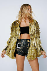 Metallic Open Front Tiered Tinsel Fringe Jacket