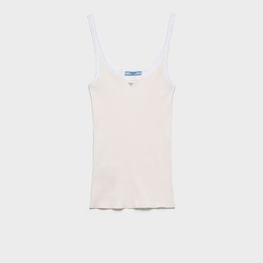 Prada 2026 New Arrival Women's White Lace Spaghetti-strap Tank Top Lightweight Knit Tank Top With Lace Trim Lady Vest #197032