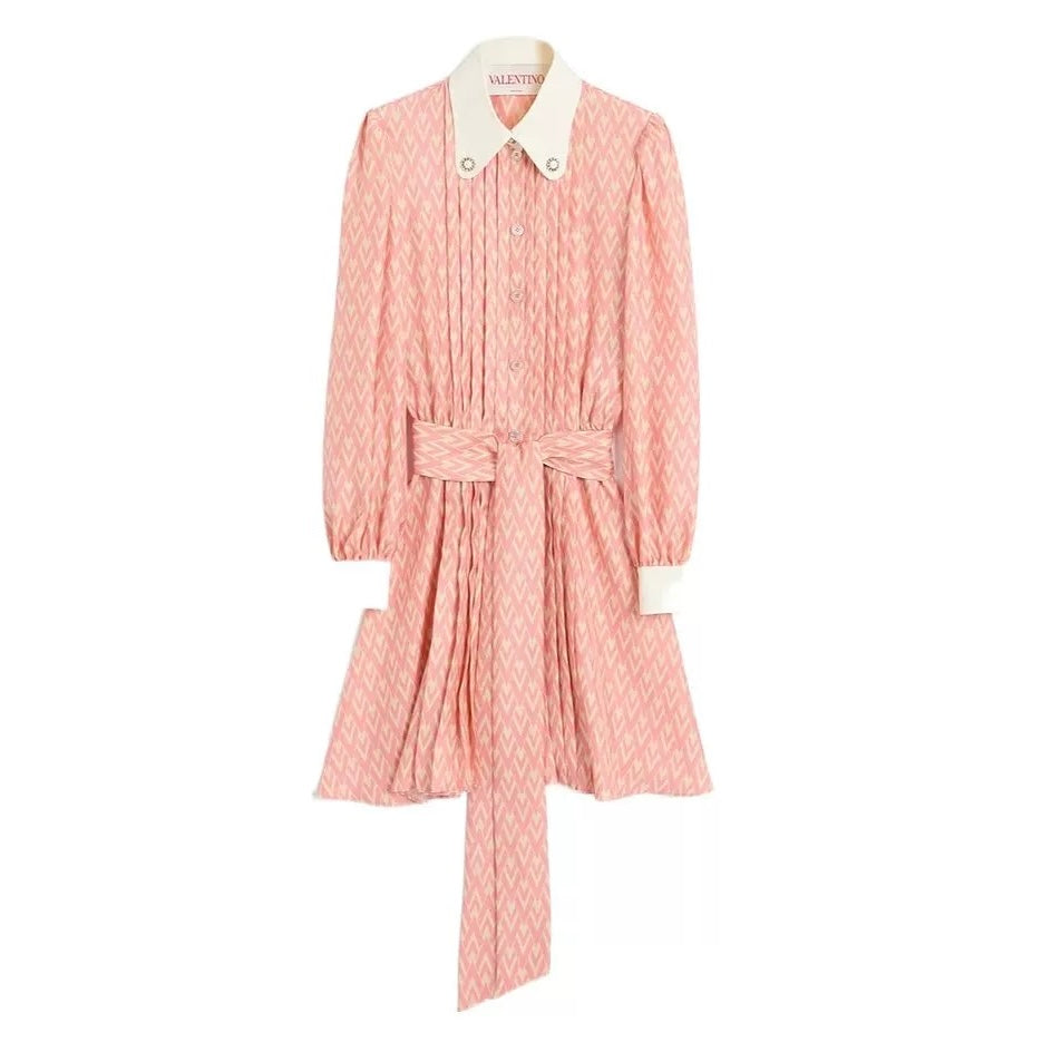 Valentino Women's Summer Checkered Lapel Tie Colorblocking Pleated Short Solid Color Silk Long Sleeve Dresses Ngvp #1255