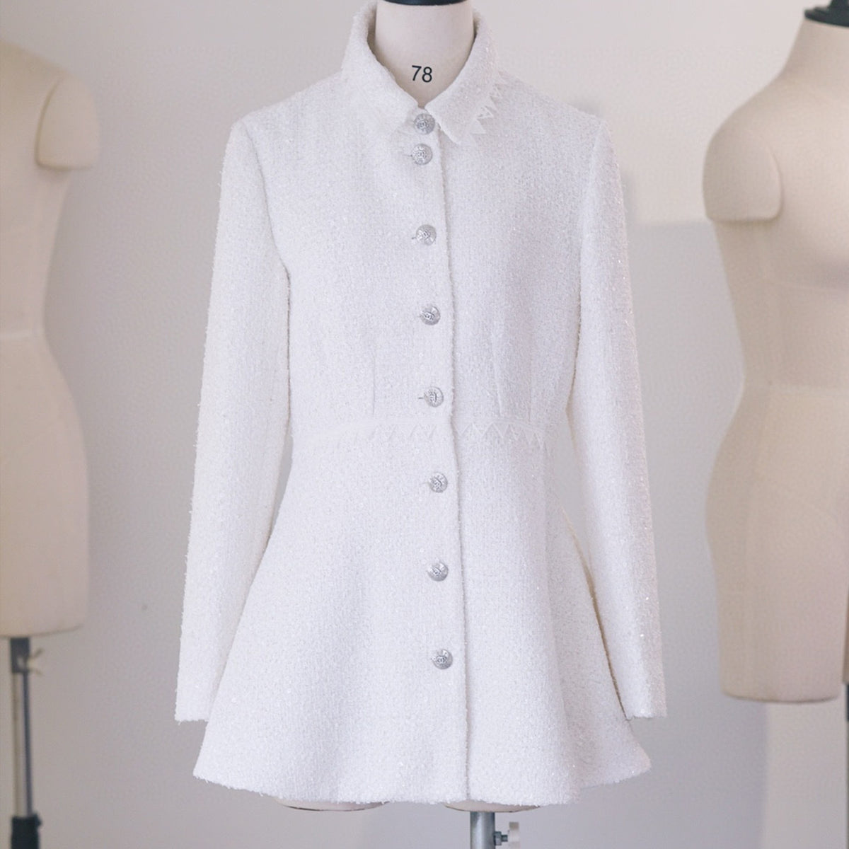 Chanel Women's Spring And Autumn White Sequin Lapel Single Breasted Coarse Tweed Waist Jacket Dress Ngvp #8526