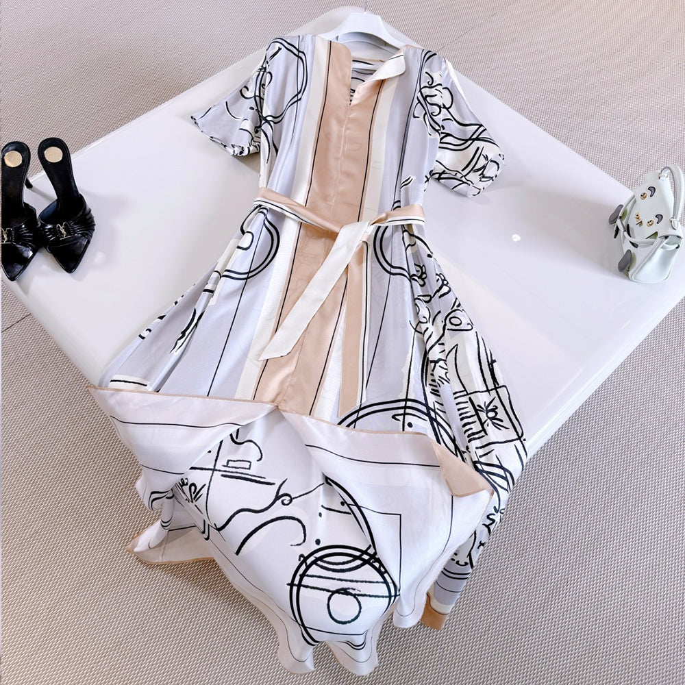 Hermes  Ex-Libris A Mai Levee Caftan Women's Long Printed Silk Twill Dress With Side Slit New Arrival For Early Spring 2026 Lady #84189A