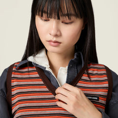 MiuMiu Women's Spring And Summer Color Blocked Striped Knitted Vest V-neck Sleeveless Head Knitted Vest Fashionable Temperament Casual Top Lady #194826