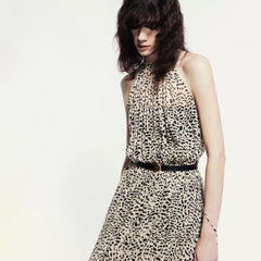 Saint Laurent Women's Summer Round Neck Pullover Silk Fit Sleeveless Leopard Print Long Dresses #71631