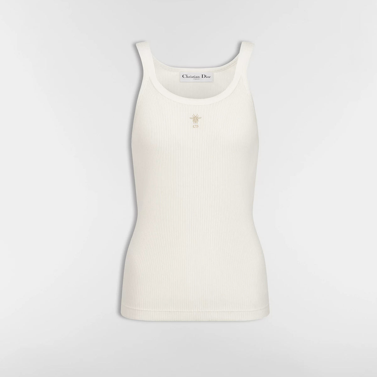 Dior Women's Spring And Summer Beige Ribbed Cotton Blend Plain Knit Fabric Gold Bee Embroidery Sleeveless Camisole Vest Lady Top #194946