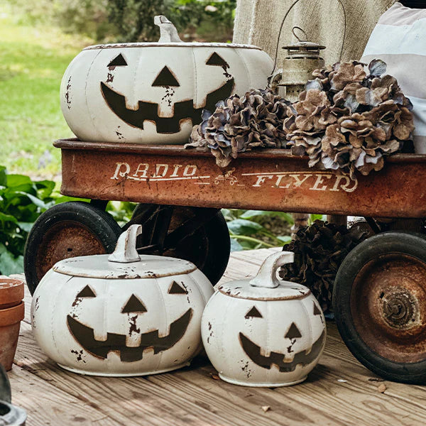 Huge Chippy Metal Jack O Lanterns, Set of Three