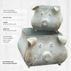 Galvanized Piggy Metal Planters, Set of 2