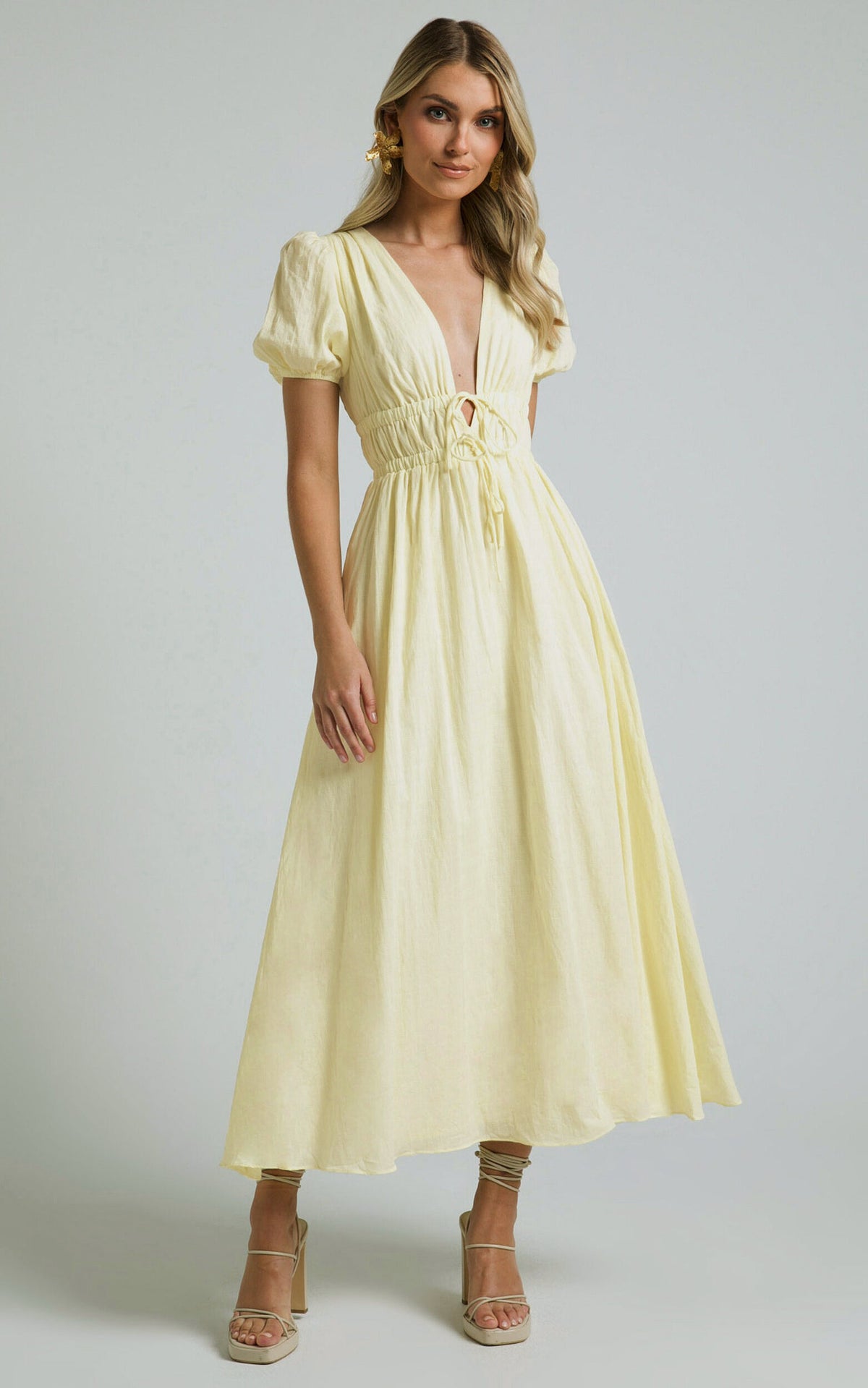 Portofino Midi Dress - V Neck Puff Sleeve Dress in Yellow
