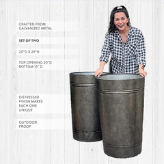 29 Inch Galvanized Metal Large Outdoor Planters, Set of 2