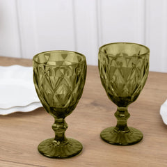 6-Pack Wine Glasses Dusty Sage Green Embossed Crystal Cut Design Stemmed - Colored Goblets for Parties & Events 12oz 7"