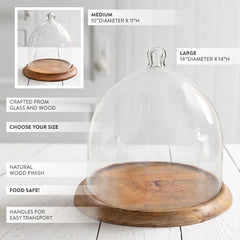 Oversized Glass Bell Shaped Cloche with Wood Base, Pick Your Size