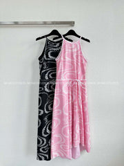 Chanel Women's Summer Solid Colour Printed Cotton Halter Neck Sleeveless Long Dress #77413