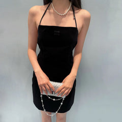 MiuMiu Women's Summer Embroidered Letter Logo Solid Color Stretch Velvet Sleeveless Dresses #75386