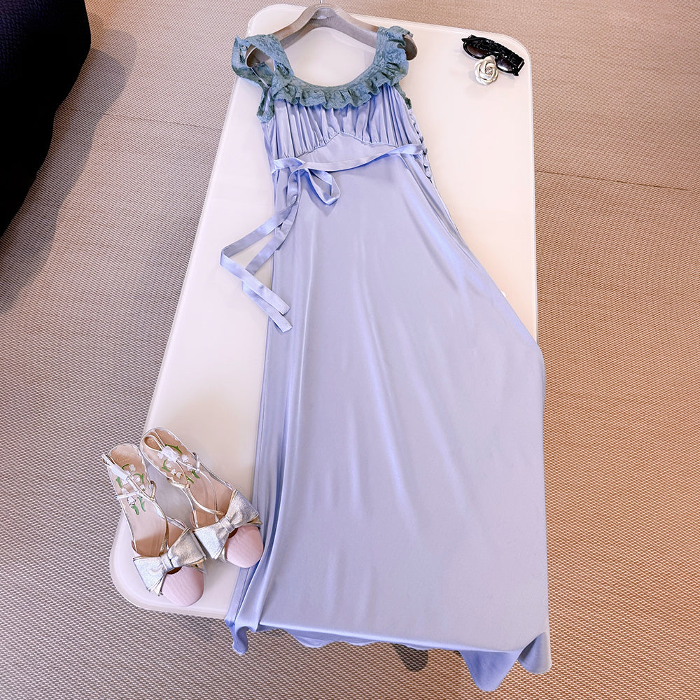 Chloe Women's 26s Grey-blue Satin Lace Dress New Spring/summer Collection Sweet And Elegant Straight-cut Maxi Dress Lady #197367