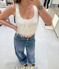Chanel Women's High Street Spring And Summer Solid Color Feather Hot Drill U Neck Cotton Silk Sleeveless Pullover Undershirts Vest Ngvp #1547
