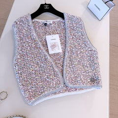 Chanel Women's Spring/Autumn Sequin Rhinestone Trim Logo Cardigan Solid Color Sleeveless Vest Ngvp #2267
