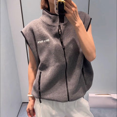 MiuMiu Men's And Women's Spring And Fall Suede Stand-up Collar Zipper Sleeveless Vest Jacket #73174