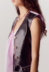 Chanel Women's Black Leather Vest With Purple Lining Sexy New Spring/summer Arrival Elegant And Exquisite Leather Vest Lady #82776A