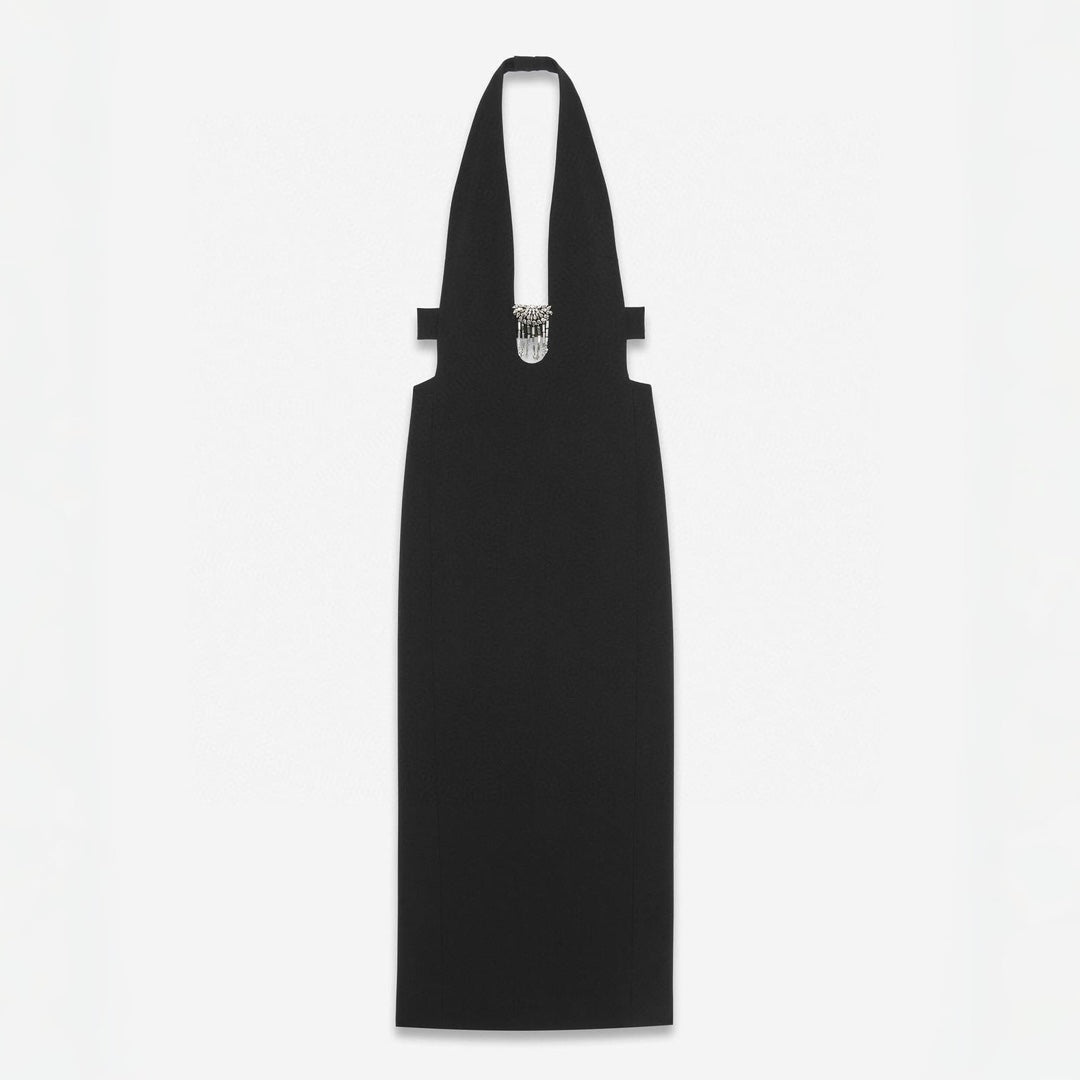 Saint Laurent  Women's Spring And Summer Black V-neck Long Temperament Luxury Sexy Crystal Decoration Backless Dresses  Ngvp #8795