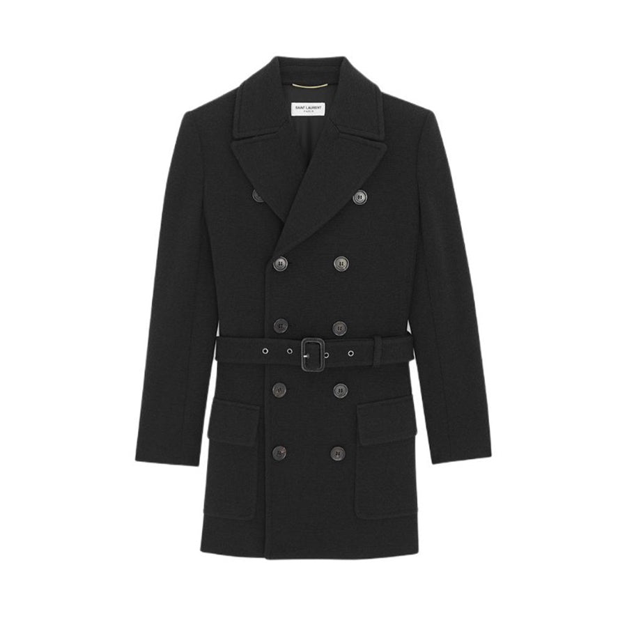 SAINT LAURENT Women's Spring. Autumn And Winter Double-Breasted Belt Solid Color Wool Short Black Dress Long-Sleeved Straight Coat Ngvp #9399