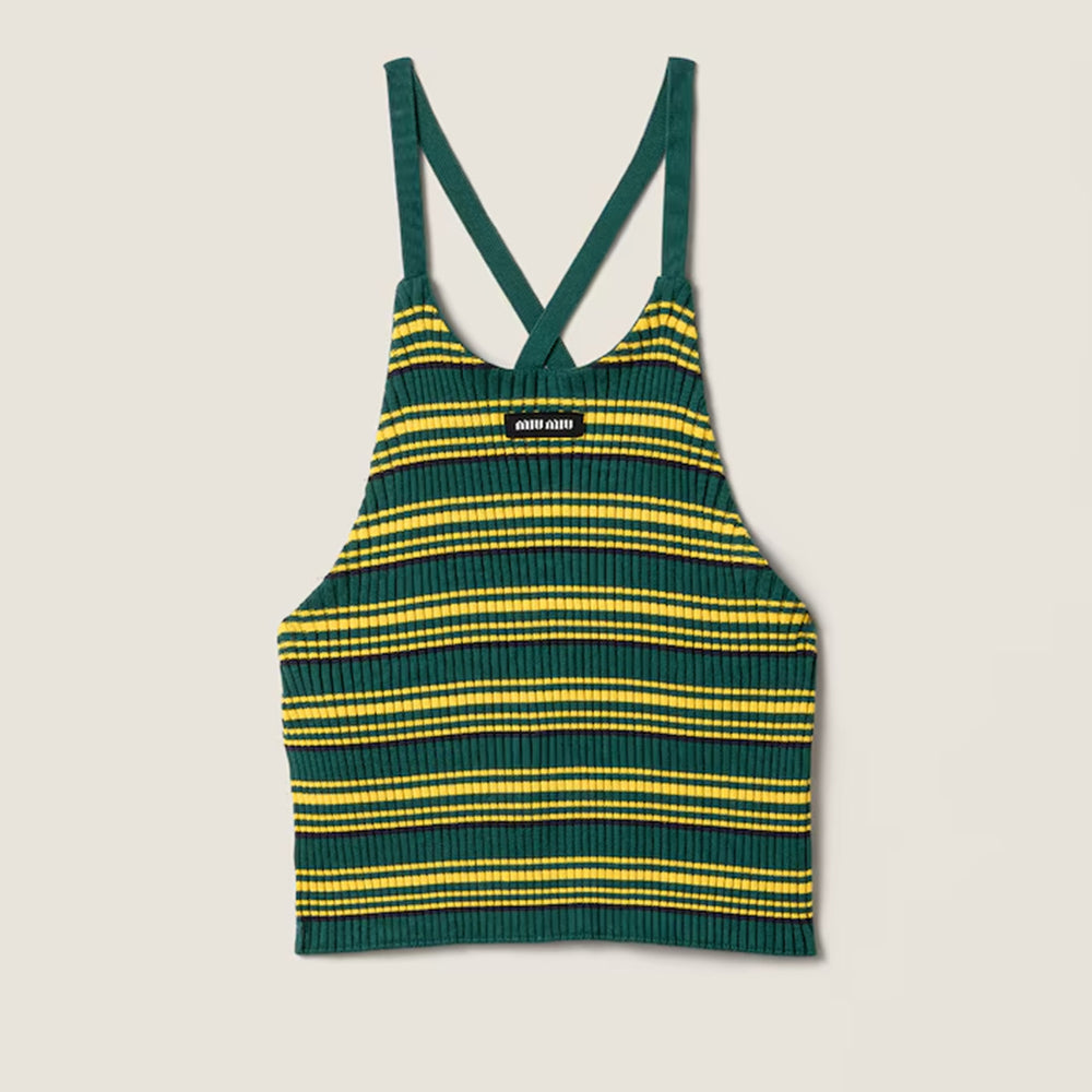 MiuMiu Women's New Arrival Early Spring Letter Logo Slimming Color-blocked Striped Tie-back Halter Top Lady Vest #195996