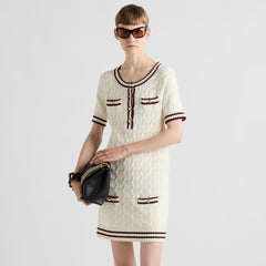 Prada Women's Summer Solid Color Striped Round Neck Cotton Short Sleeve Fitted Mini Dresses Ngvp #8951