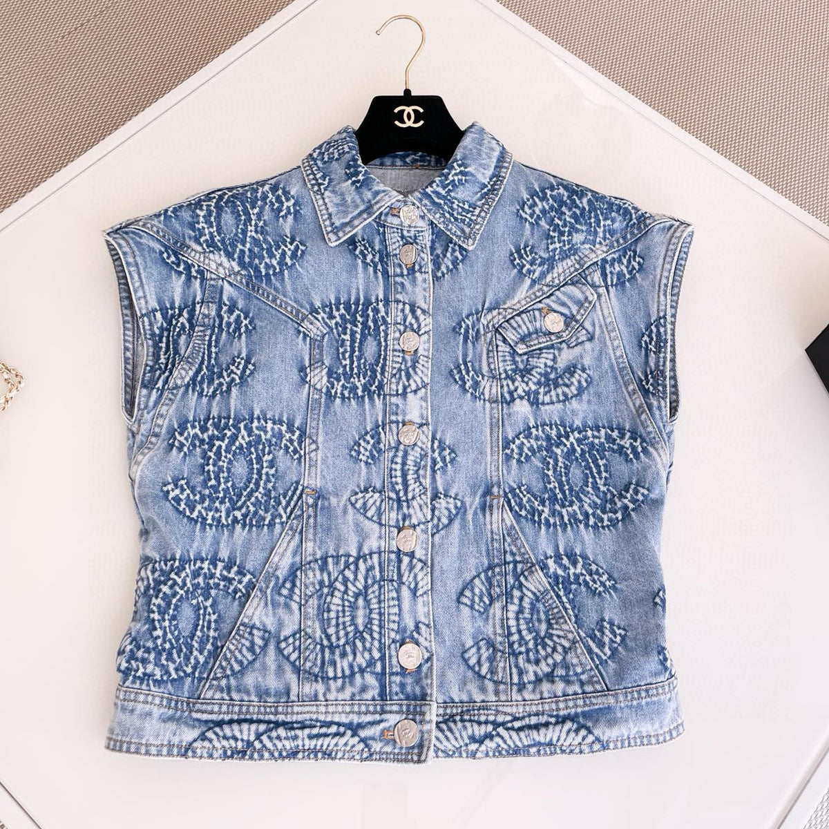 Chanel Women's Spring and Autumn Blue Tie-Dye Washed Denim Vest Jacket #72677
