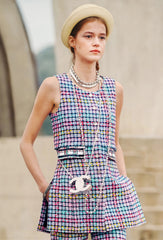 Chanel Women's Multicolor Embroidered Striped Check Cotton Tweed Round Neck Sleeveless Vest Dress Ngvp #1368