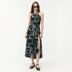 Chanel Women's Summer Solid Colour Printed Cotton Halter Neck Sleeveless Long Dress #77413