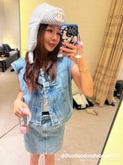 Chanel Women's Spring/Fall Casual Solid-Color Cotton Crew Neck Bow-Detail Denim Sleeveless Vest Ngvp #2591