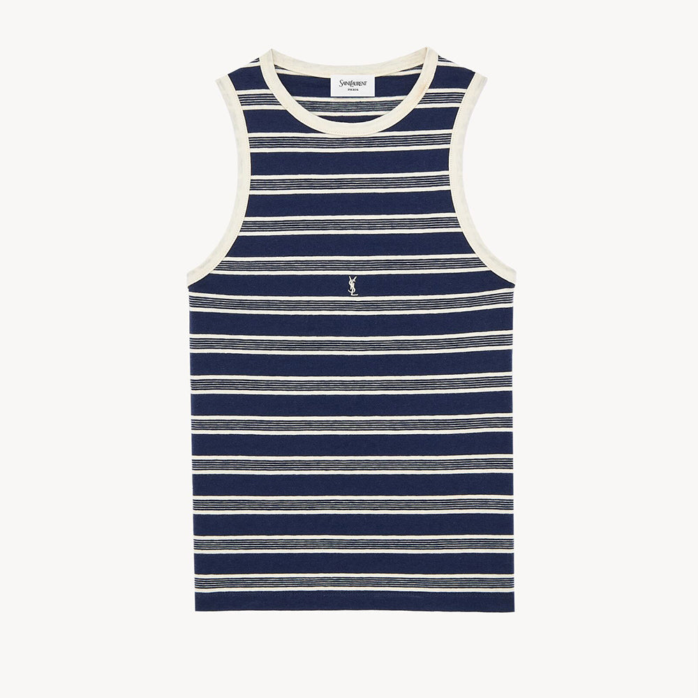 Saint Laurent Women's Spring/summer Blue Striped Two-tone Ribbed Knit Tank Top Fashionable Trendy V-neck Simple And Slim-fit Knit Tank Top Vest Lady #196015