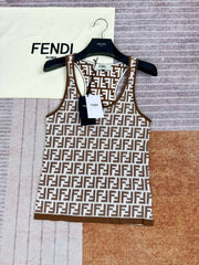 Fendi Women's Summer Brown FF Print Cotton Knit Top Fitted Sleeveless Vest #72933