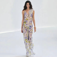 Zimmermann Women's Summer Floral Pattern Printed Three-dimensional Feather V-neck Strapless Dress #77984